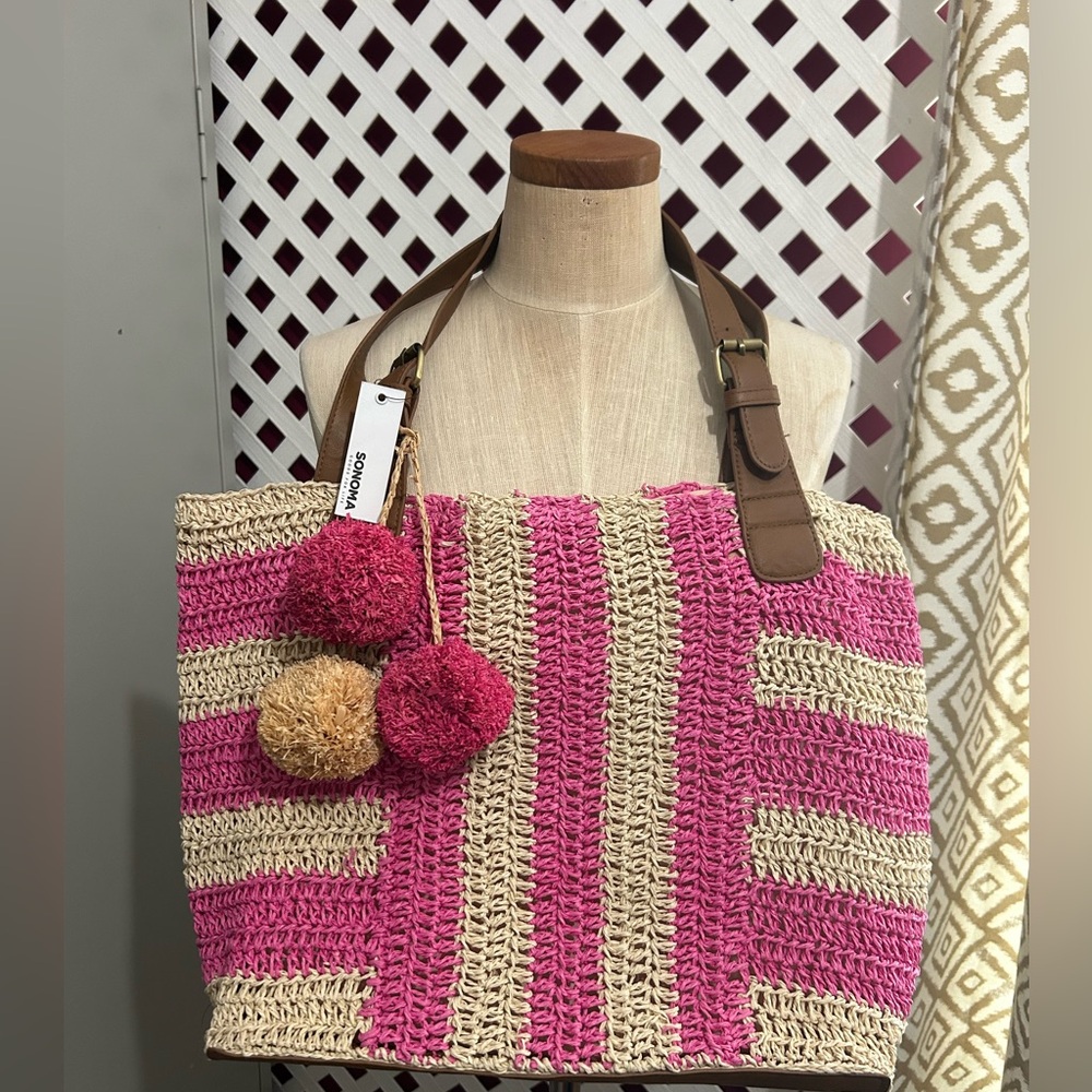 Sonoma pink straw beach bag